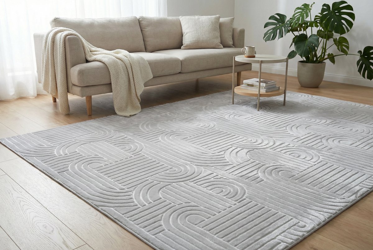 Padiro laagpolig vloerkleed 120 x 160 cm - zilver - modern abstract design - geschikt voor vloerverwarming - van polyester