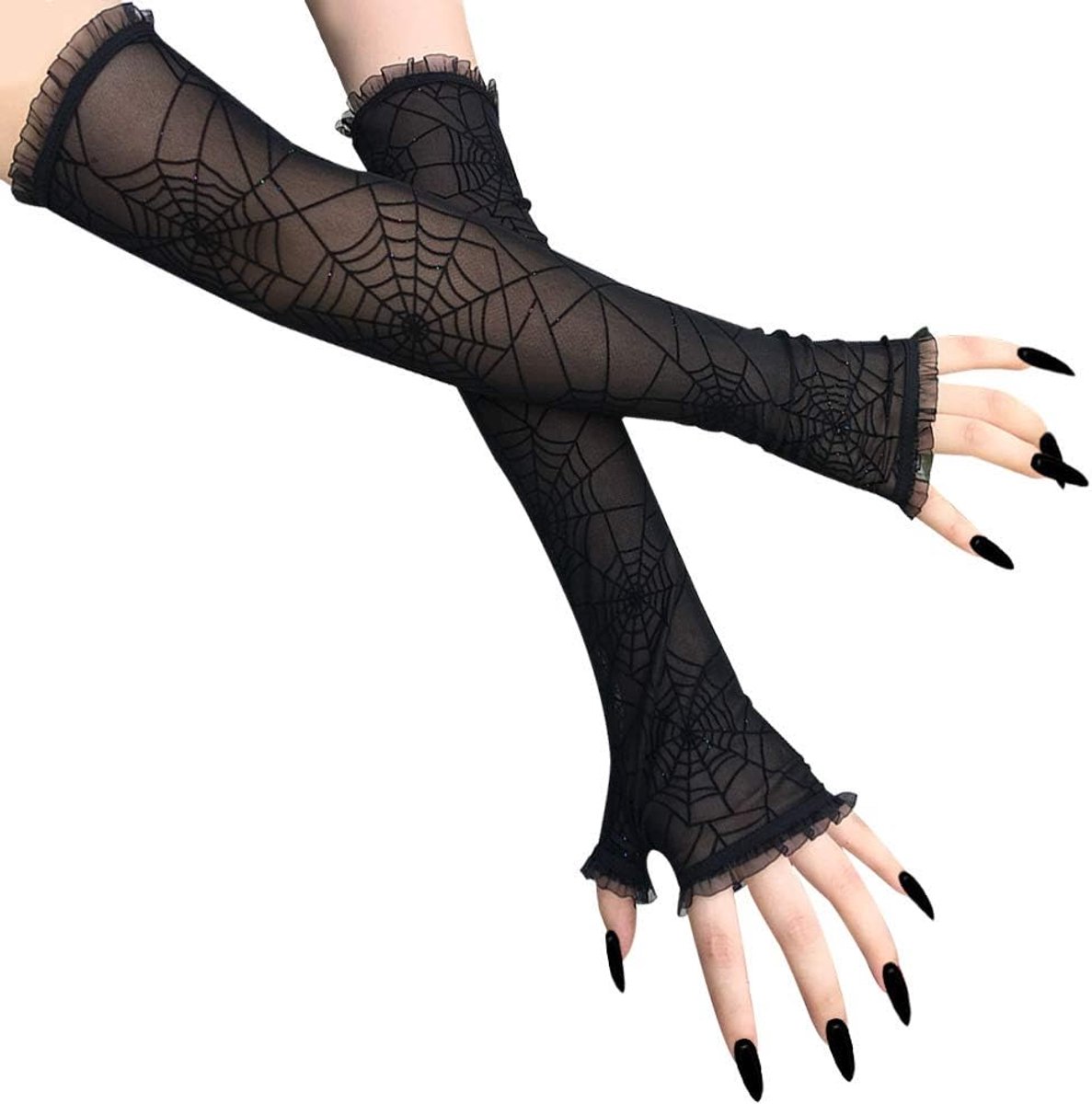 Vingerloze Handschoenen - Zwart - Spider Web Design - Handwarmers voor Halloween - ShopVlot