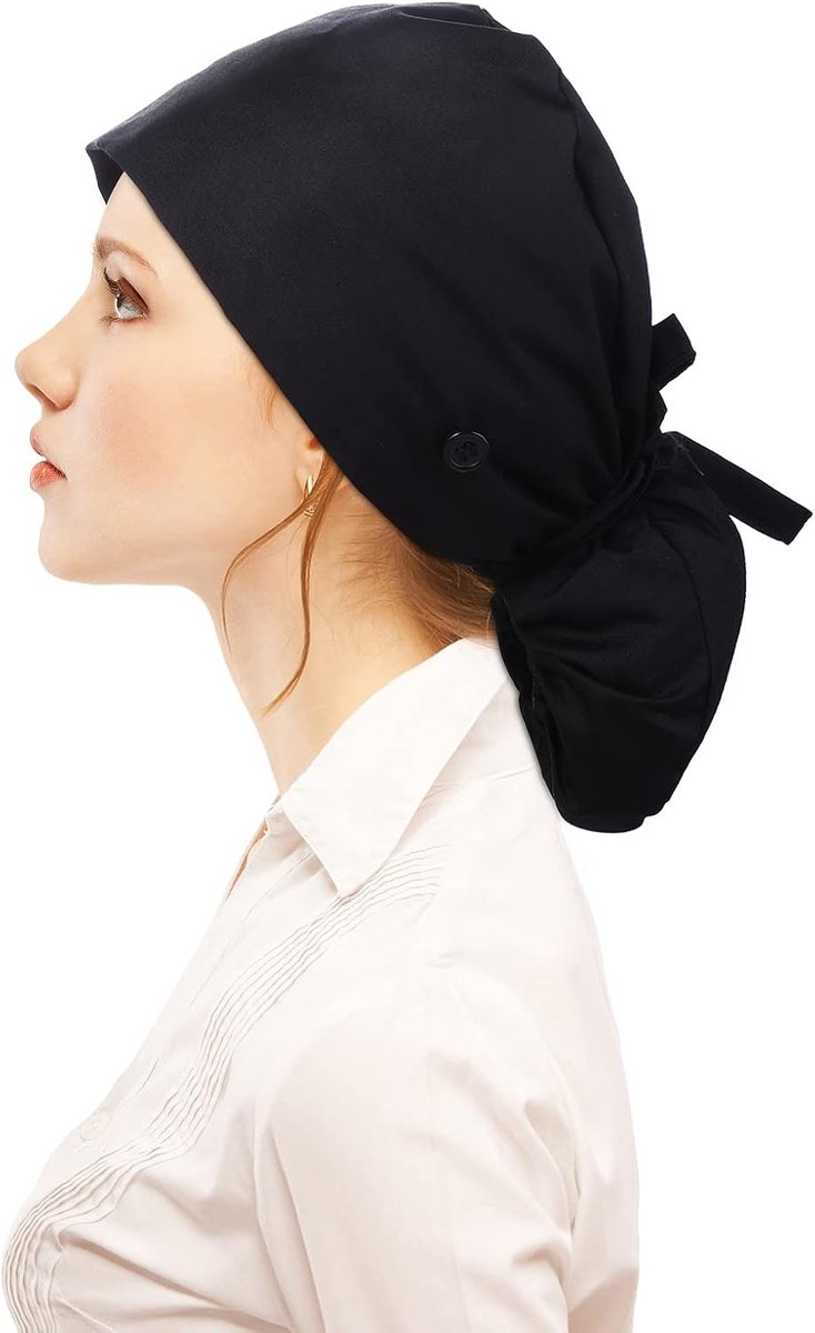 Scrubcap met Ponytail Pouch - Katoen Zwart - Knopen Ontwerp - Professioneel en Comfortabel - ShopVlot