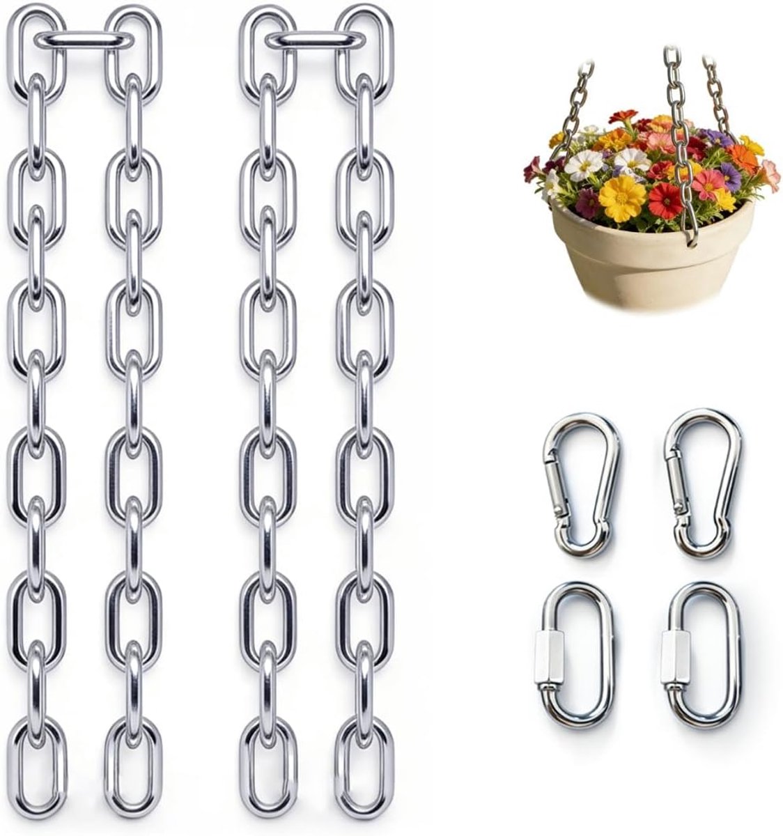 SnelShoppen - 2 Stuks 304 RVS Kettingen Φ3mm Roestvrij Stalen Link Ketting 120cm Zware Keten met Beugel en Karabijnhaak voor Tuin, Schommel, Lock en H