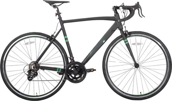 Zwarte racefiets met groene strepen op het frame en de velgen, op een witte achtergrond.