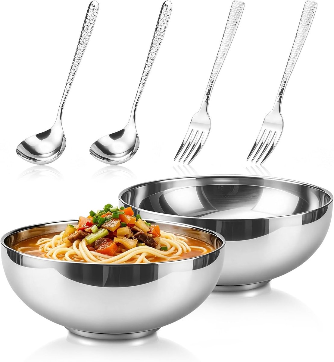2 stuks 8,7 inch 1330 ml roestvrijstalen mengkommen met 2 soeplepels en 2 vorken, ronde metalen saladecontainers voor - ShopVlot