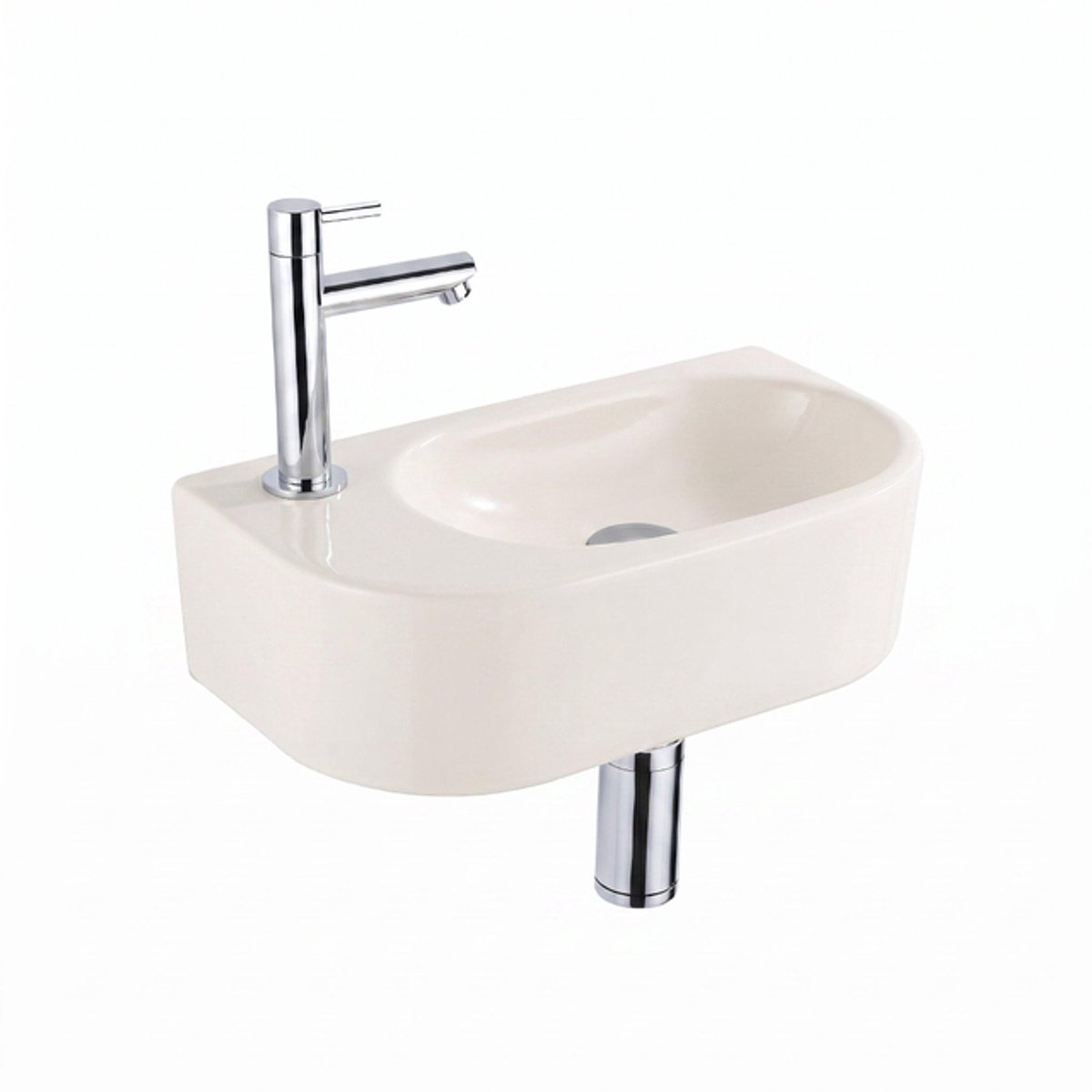 QeramiQ Fuente Fontein - 40x22x12cm - glad - halfrond - fonteinkraangat links - keramiek - fonteinkraan chroom - verlaagd sifon - afvoerplug - linnen