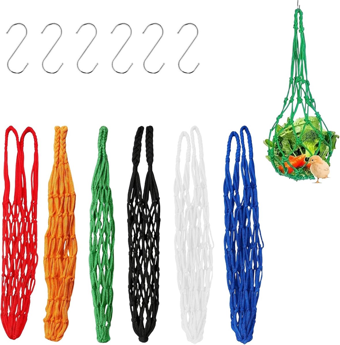 6 stuks voedernet om op te hangen, nylon voedernetzakken met haken, kip, voederautomaat, groente, voedernet, kippen - ShopVlot