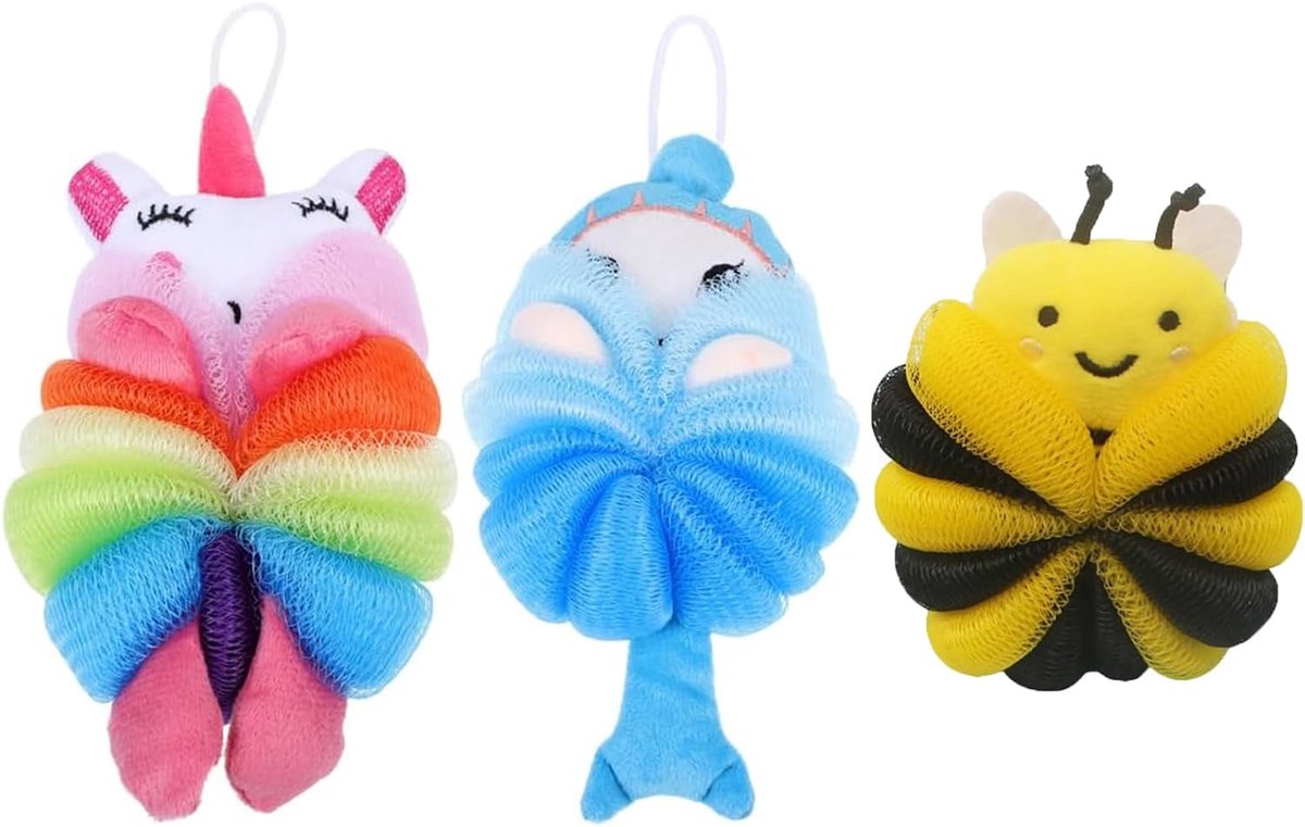 3 stuks douchespons voor kinderen, dierenbadspons, schattige badspons, douchekruk in dierenvorm, luffa-douchespons - ShopVlot