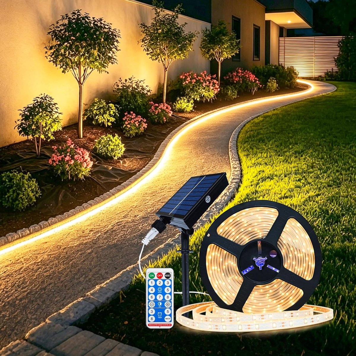 KZQ 5 meter solar LED-strip met 300 LED's - Dimbare buitenverlichting met afstandsbediening - 8 modi en timer - Zelfklevend en IP65 waterdicht voor tuin balkon en trap - Warm wit
