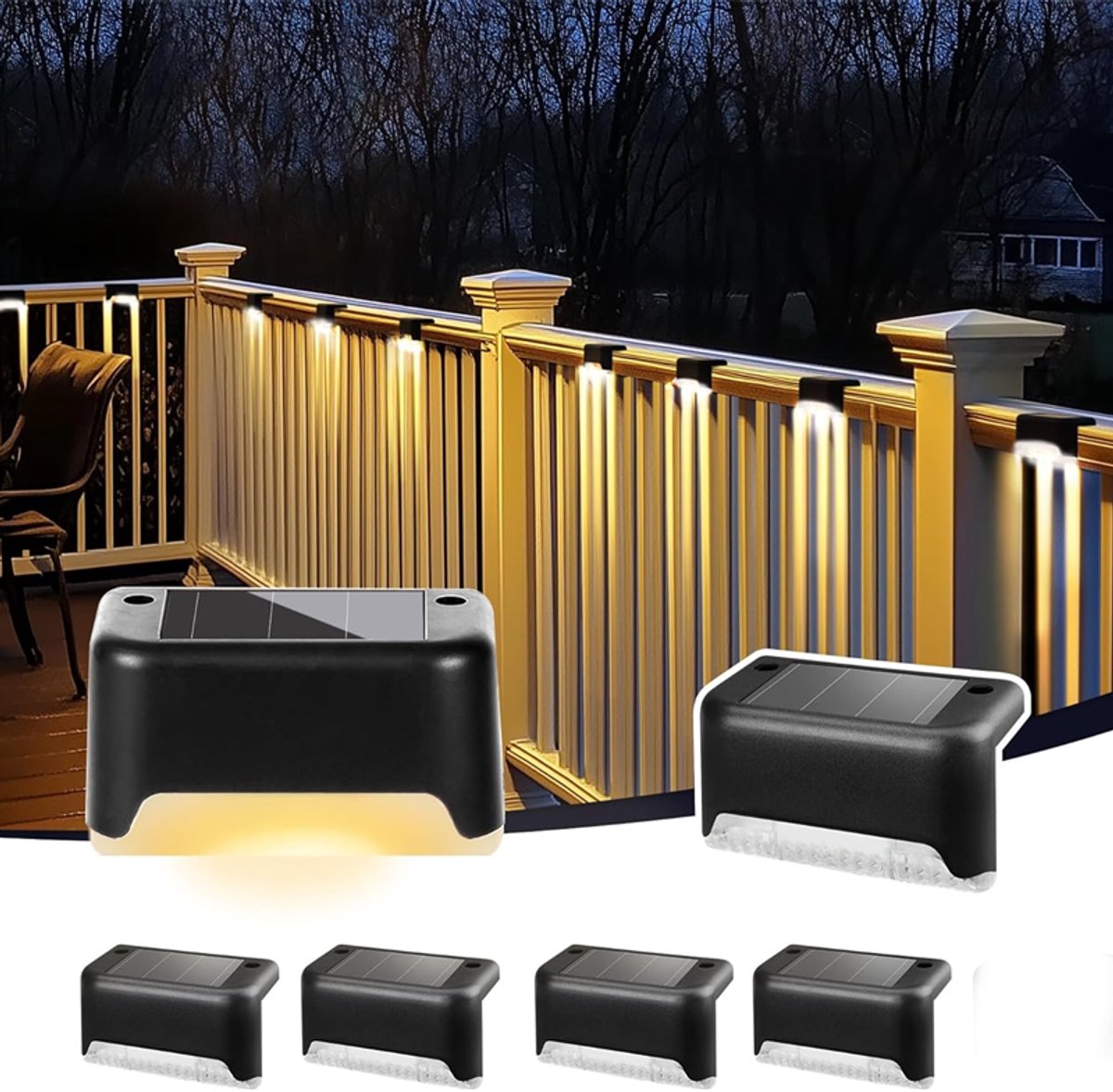 KZQ 4-pack solar trapverlichting - Warm wit LED - Waterdicht voor trap hek tuin terras en pad - Eenvoudige montage zonder bedrading - Zwart