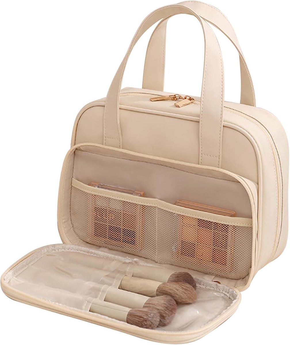 Large Toiletry Bag Women Makeup Bag with Handle Portable Multi-Pocket Cosmetic Bag Soft PU Leather, off-white, fashion - ShopVlot