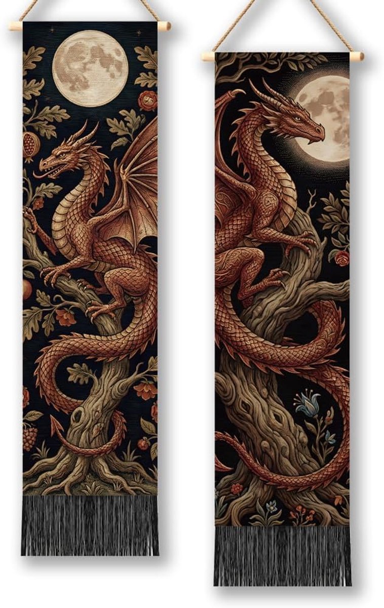 TNKBREEZE 2 stuks draken wandtapijten draken en boom lang verticaal wandbehang kwasten muur esthetisch wandtapijt voor - ShopVlot