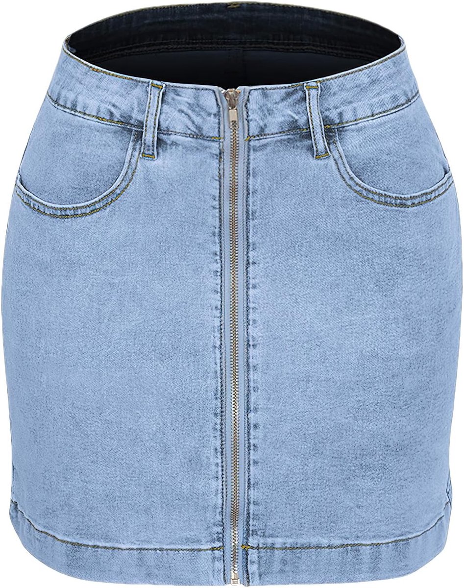 Women's Mid Waist Zip Front Denim Skirt Stretchy Casual Jean Skirts with Pockets - ShopVlot