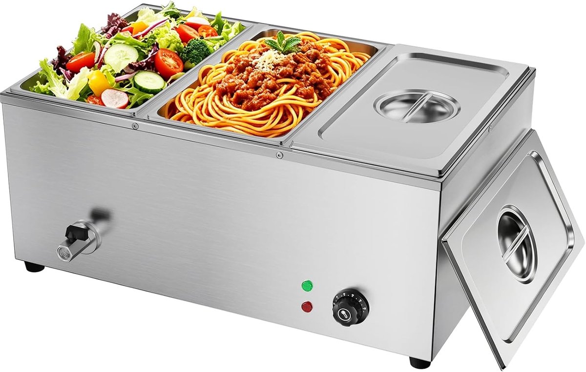 TAIMIKO Bain Marie 220V Professional Commercial Stainless Steel Electric Stainless Steel with 3 Pots with Drain Tap - ShopVlot
