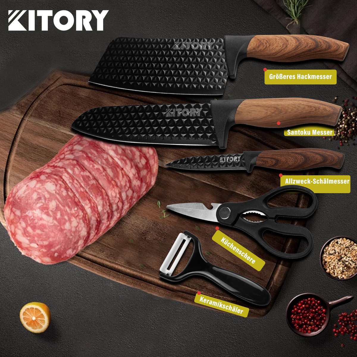 Kitory Messenset 5-Delige Professionele Keukenmessenset, Zwart Anti-Aanbak, Hakmes 18 cm, Koksmes 20 cm, Universeel - ShopVlot