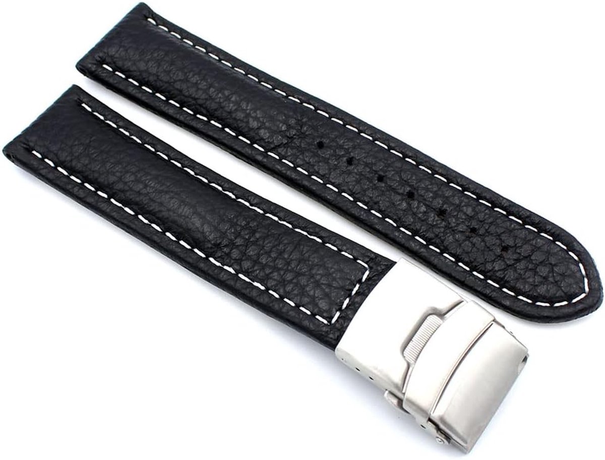 Sulla Watch strap genuine leather bracelet with folding clasp made of stainless steel, white seam - ShopVlot