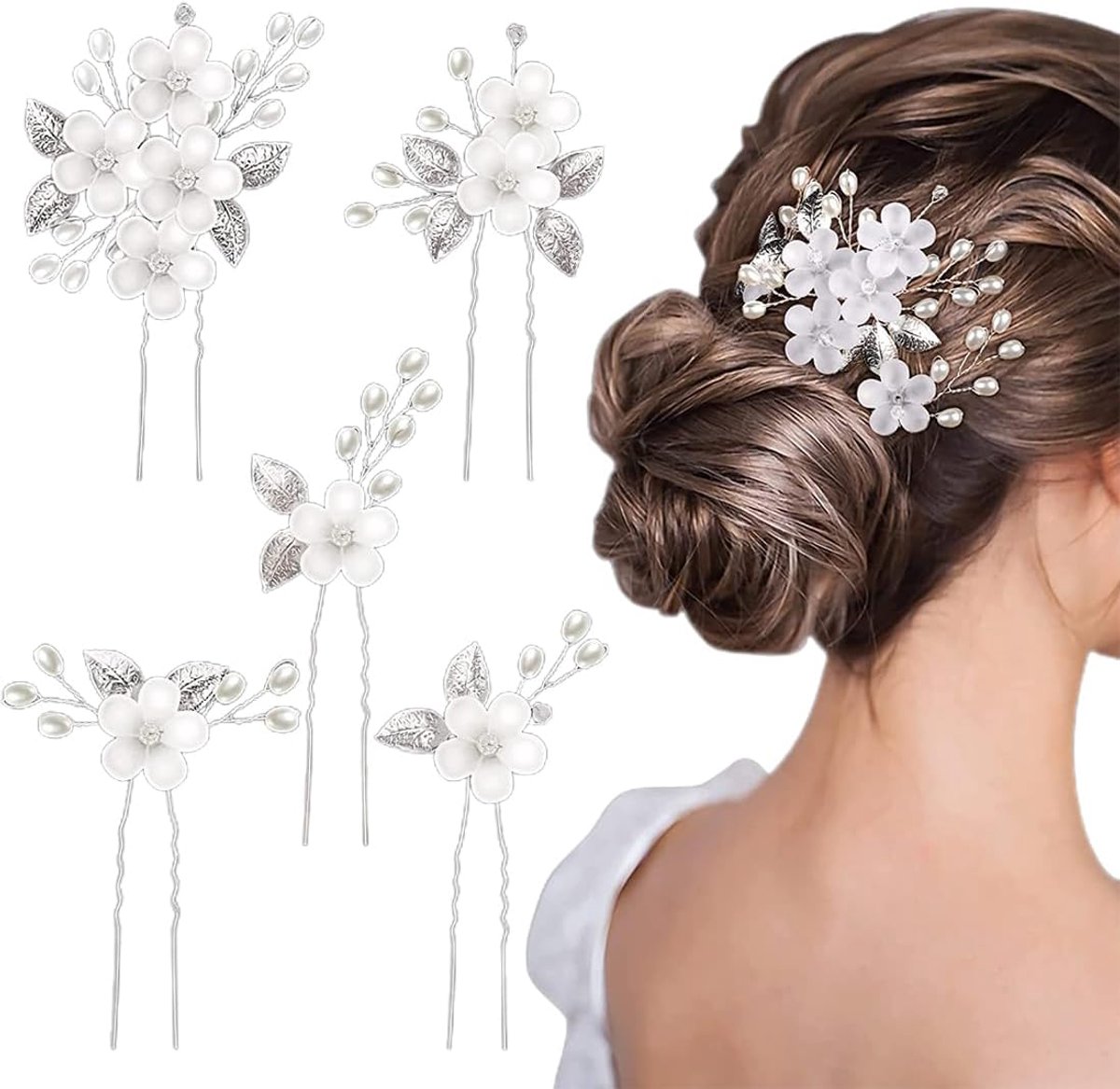 5 Pieces Wedding Hair Clips Flower Pearl Bride Hair Accessories Silver U Shape Wedding Hair Clips for Women Girls - ShopVlot