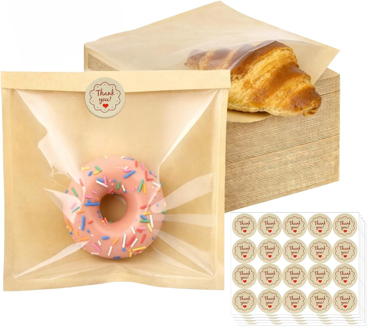 100 stuks kraftpapieren zakjes met venster, 18 x 19 cm Gele kraftzakjes voor bakkerijproducten, snoepzakjes met 100 - ShopVlot