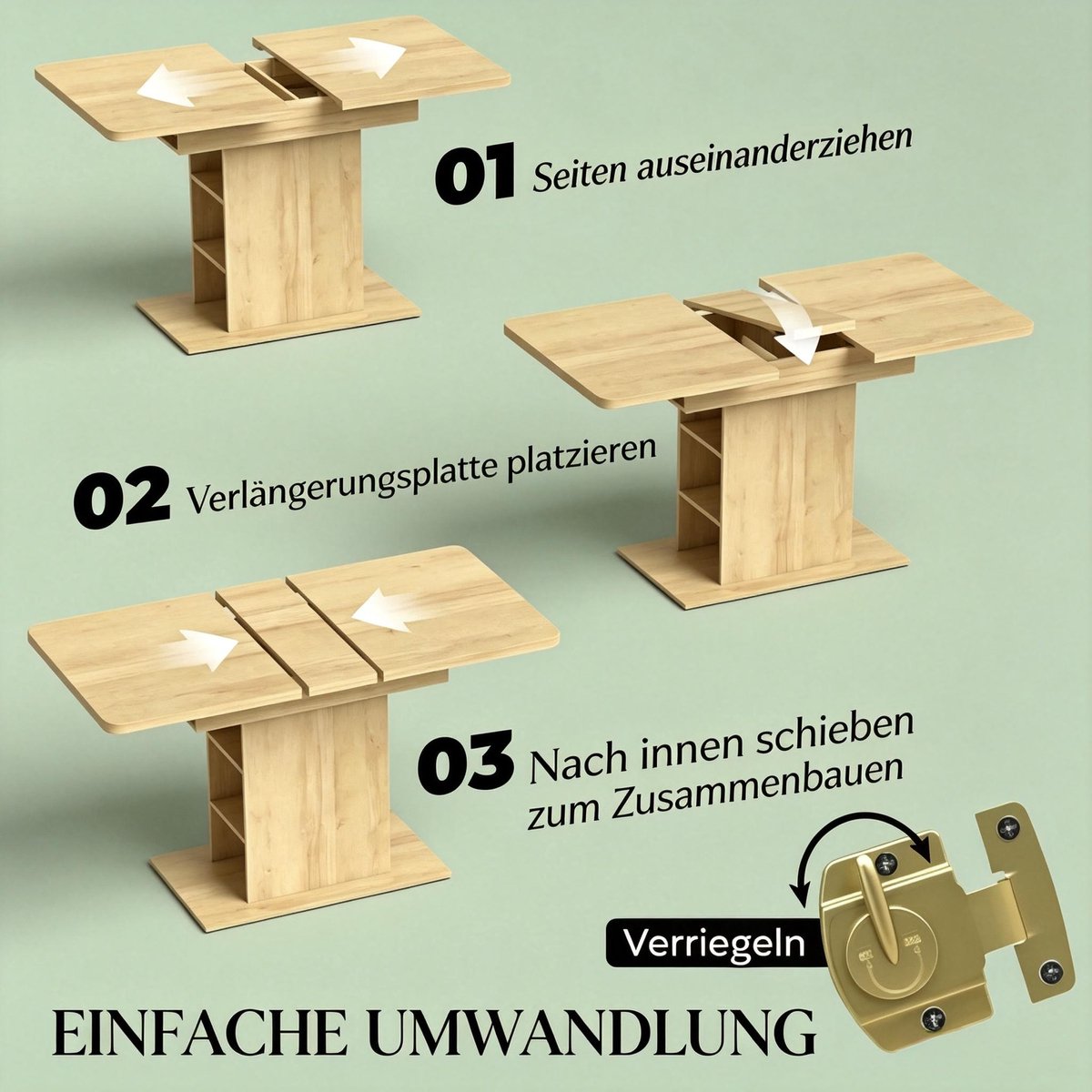 DESMIU Eettafel Uitschuifbaar Rechthoekig Voor 4 Tot 6 Personen Met Opbergruimte Natuurlijke Houtlook MDF 130 X 70 X 75 Cm