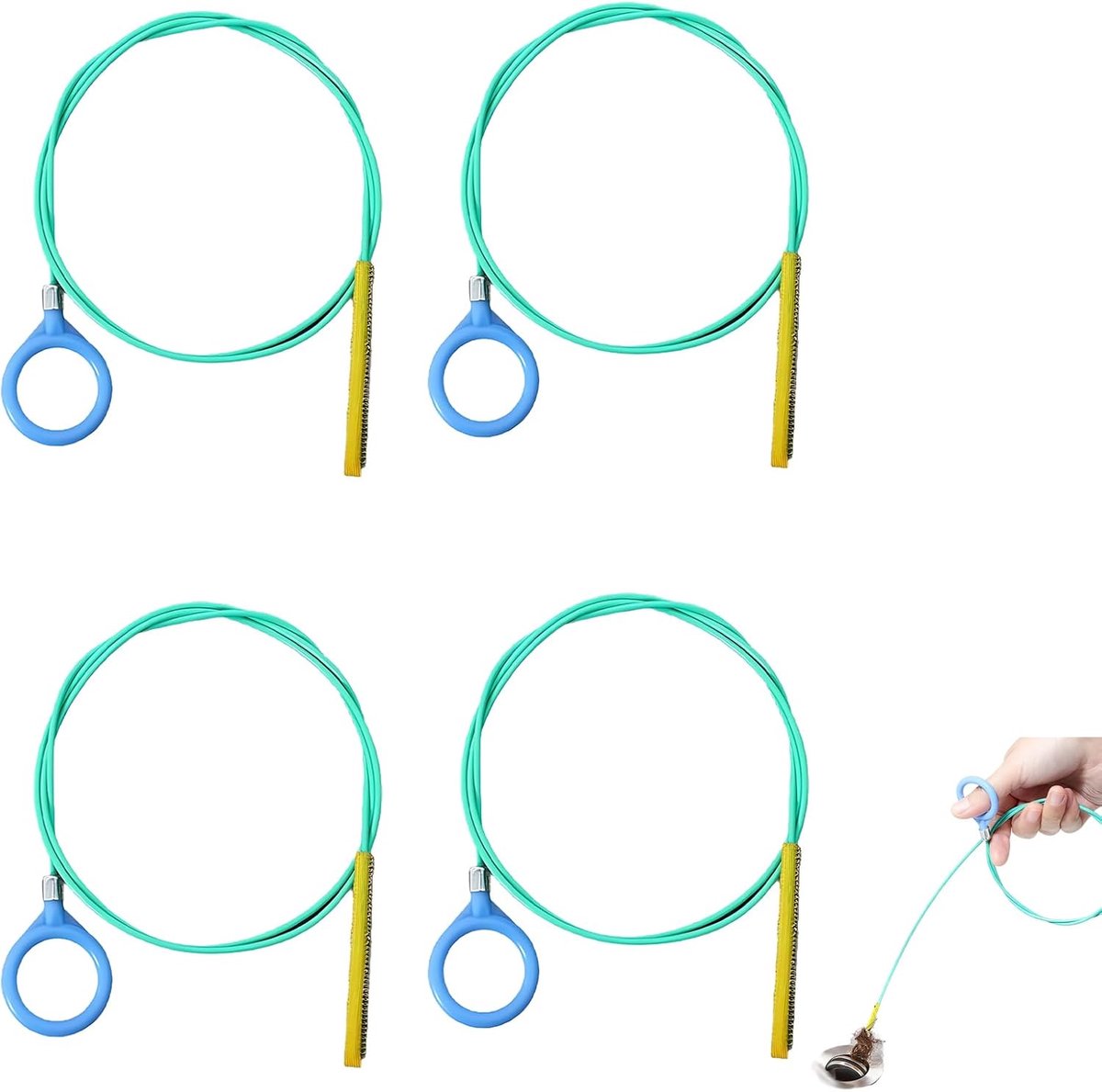 Afvoerreiniger set van 4 stuks - Flexibele 90 cm spiraal ontstopper - Nylon gecoate stalen draad - ShopVlot