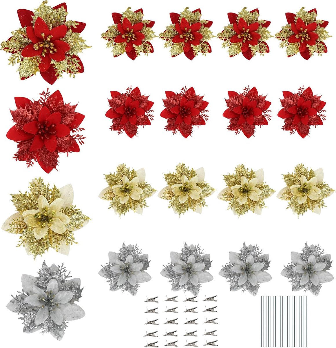 Kunstbloemen 13 cm - Glitter Kerstdecoratie - 10 Stuks in Goud, Rood en Zilver - Perfect voor Tafels en Feesten - ShopVlot