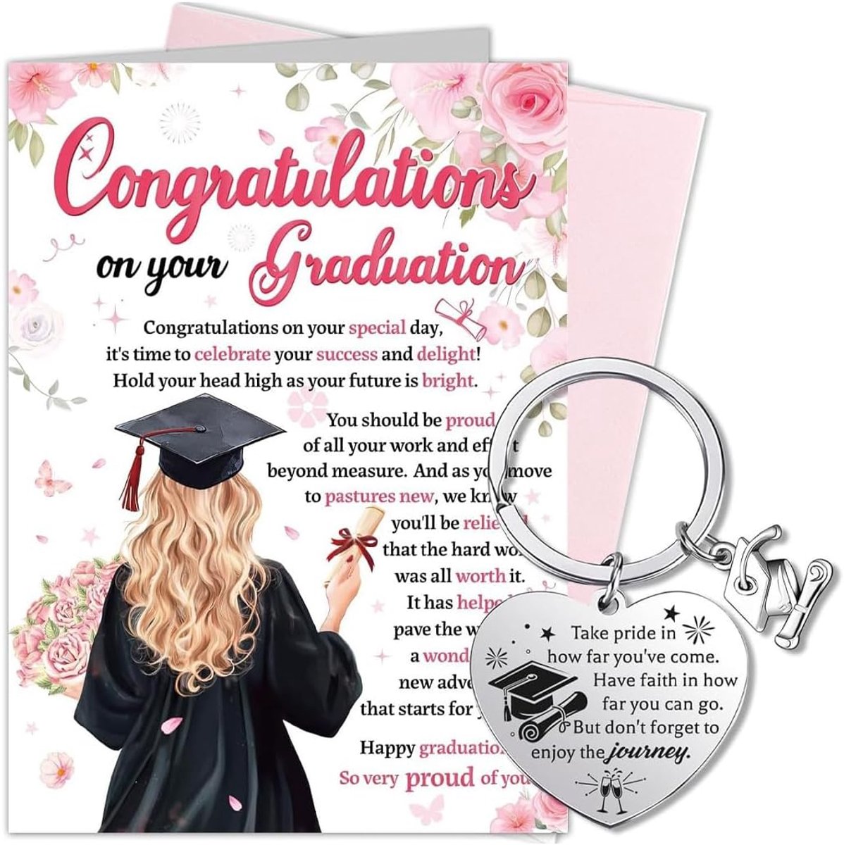 Afstudeerkaart voor dames - Premium roze cadeauset - Sleutelhanger en envelop - Perfect voor academisch succes - ShopVlot