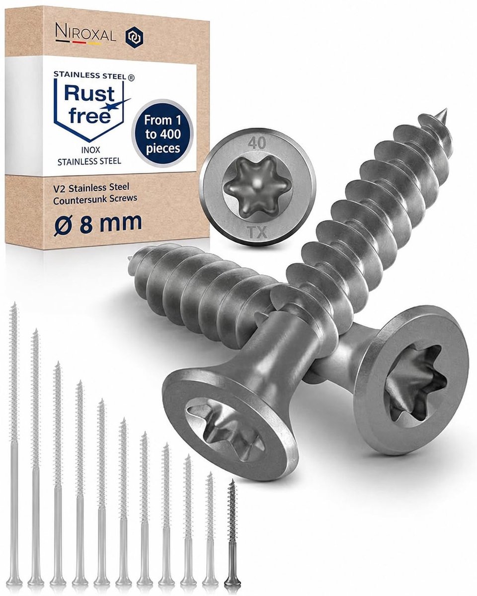 TORX schroeven 8x60 mm - V2A roestvrij staal - verzonken kop - geschikt voor houtconstructies - ShopVlot