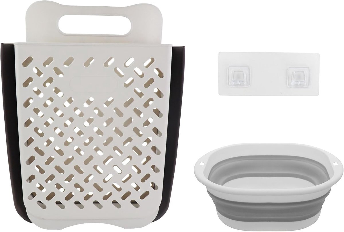 Wasbak met inklapbare wastafel, inklapbare kunststof bak en opvouwbare wasmand, hangende opbergbak met wasmand voor - ShopVlot