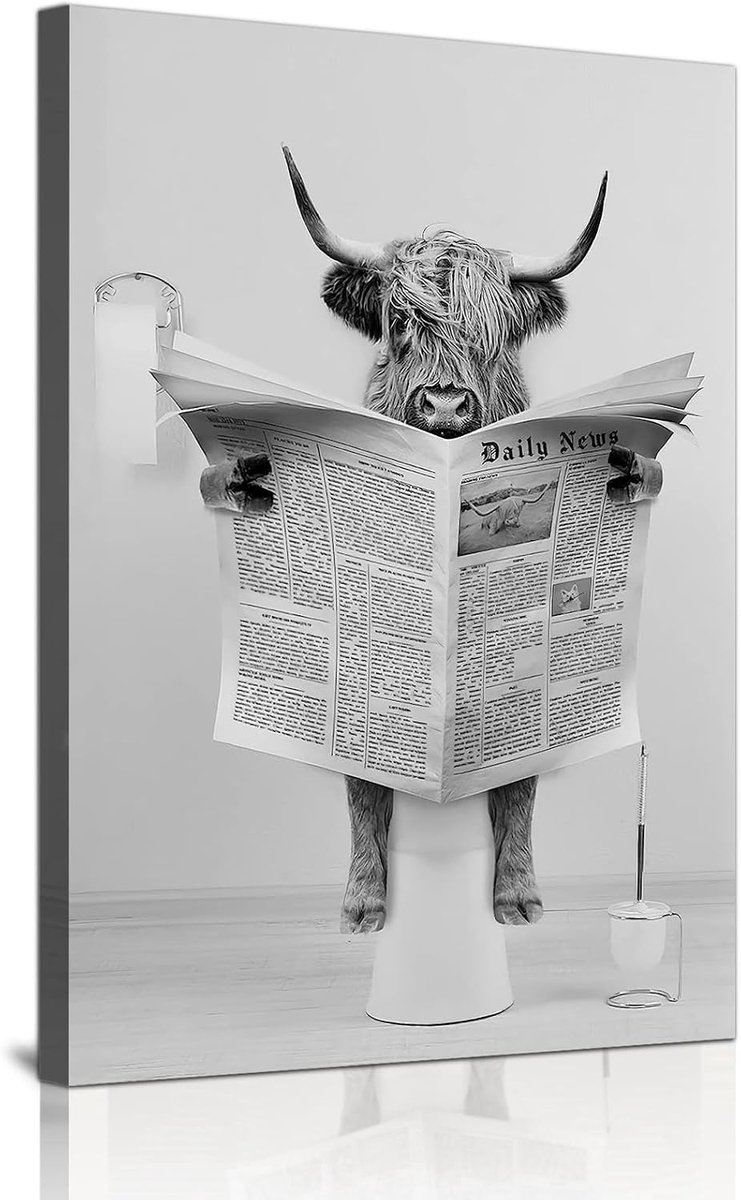 QPLGTU Bathroom Home Background Wall Decoration Poster, Black and White Highland Cattle Animal Decoration Pictures - ShopVlot