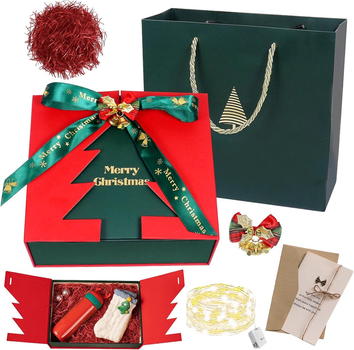 Kerstgeschenkdoos met deksel, led-geschenkdozen voor Kerstmis, herbruikbare decoratieve doos, kerstboomdozen met - ShopVlot