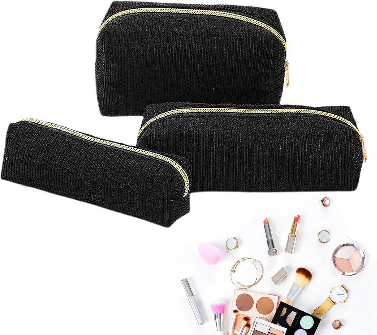 3 stuks grote capaciteit voor make-up, robuuste en duurzame toilettas van geribbeld fluweel, prachtige en mooie - ShopVlot
