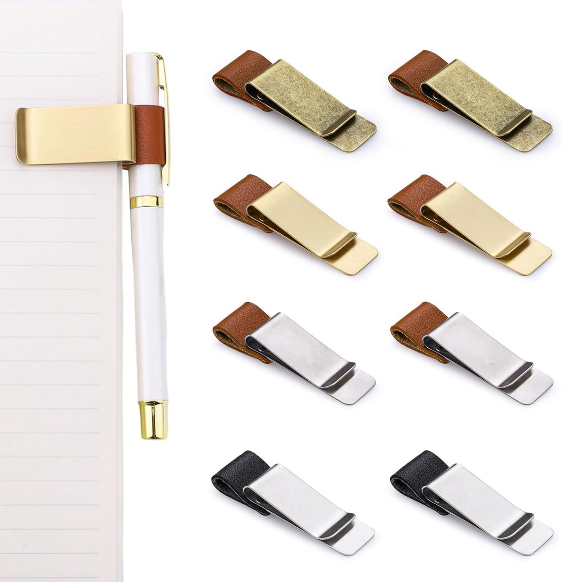 8 Pcs PU Leather Pen Holder for Notebook, Metal Pen Holder Pencil Clip for Diary, Book, Planner - ShopVlot