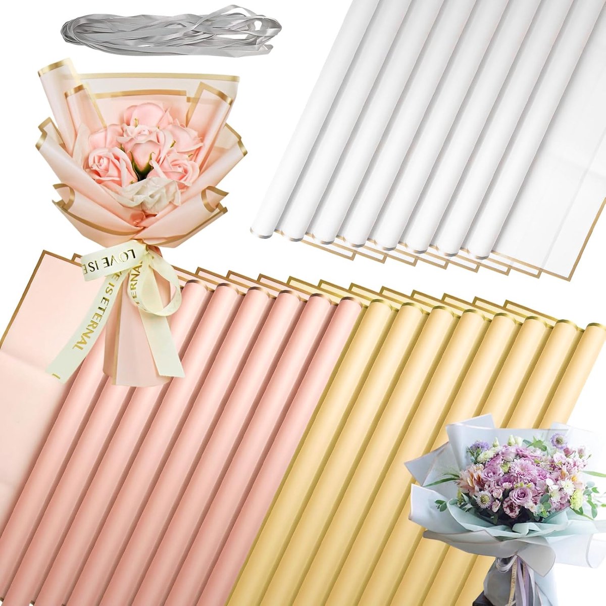 Boeket van 24 vellen cadeaupapier, waterdichte kunststof bloemenfolie met gouden rand, bloemenpapier voor - ShopVlot