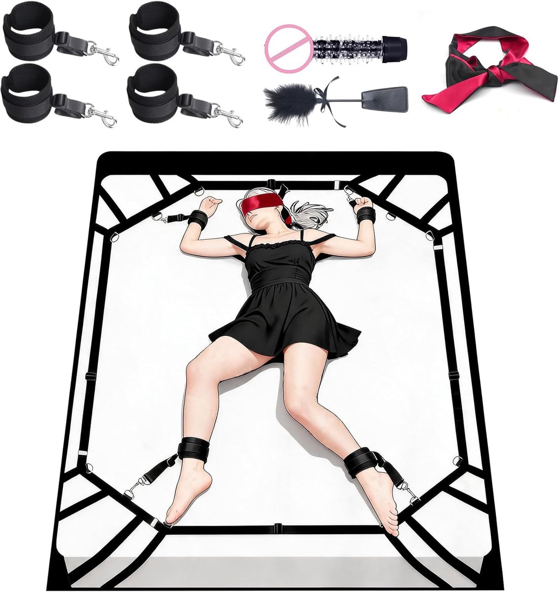 Bed Bondage Kit – BDSM-set met verstelbare bedbanden (2x2m), seksspeeltjes voor stellen, veren vibrator, blinddoek – - ShopVlot