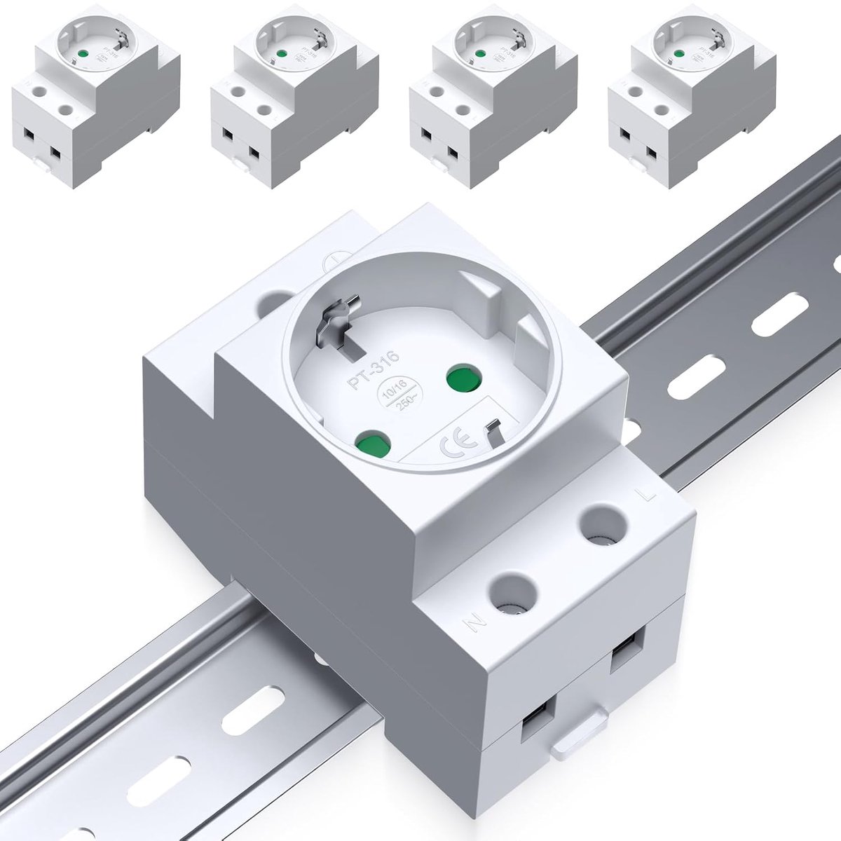EYPINS Schuko Hutrailcontactdoos 10/16A 250V, 5 stuks - Set van 5, 35 mm DIN-rail, 2,5TE, 2P+E, aanraakbescherming - ShopVlot