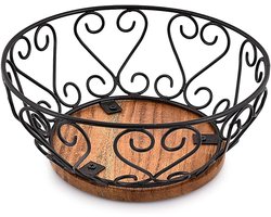 EDHAS Iron Fruit Bowl with Wooden Base for Kitchen Countertop & Dining and Pantyhose (9" x 9" x 4") - ShopVlot