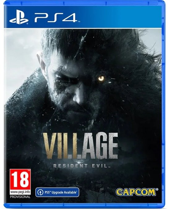PlayStation 4 speldoos voor Resident Evil: Village met een duistere, grimmige afbeelding van een man met een gloeiend oog. PEGI 18.