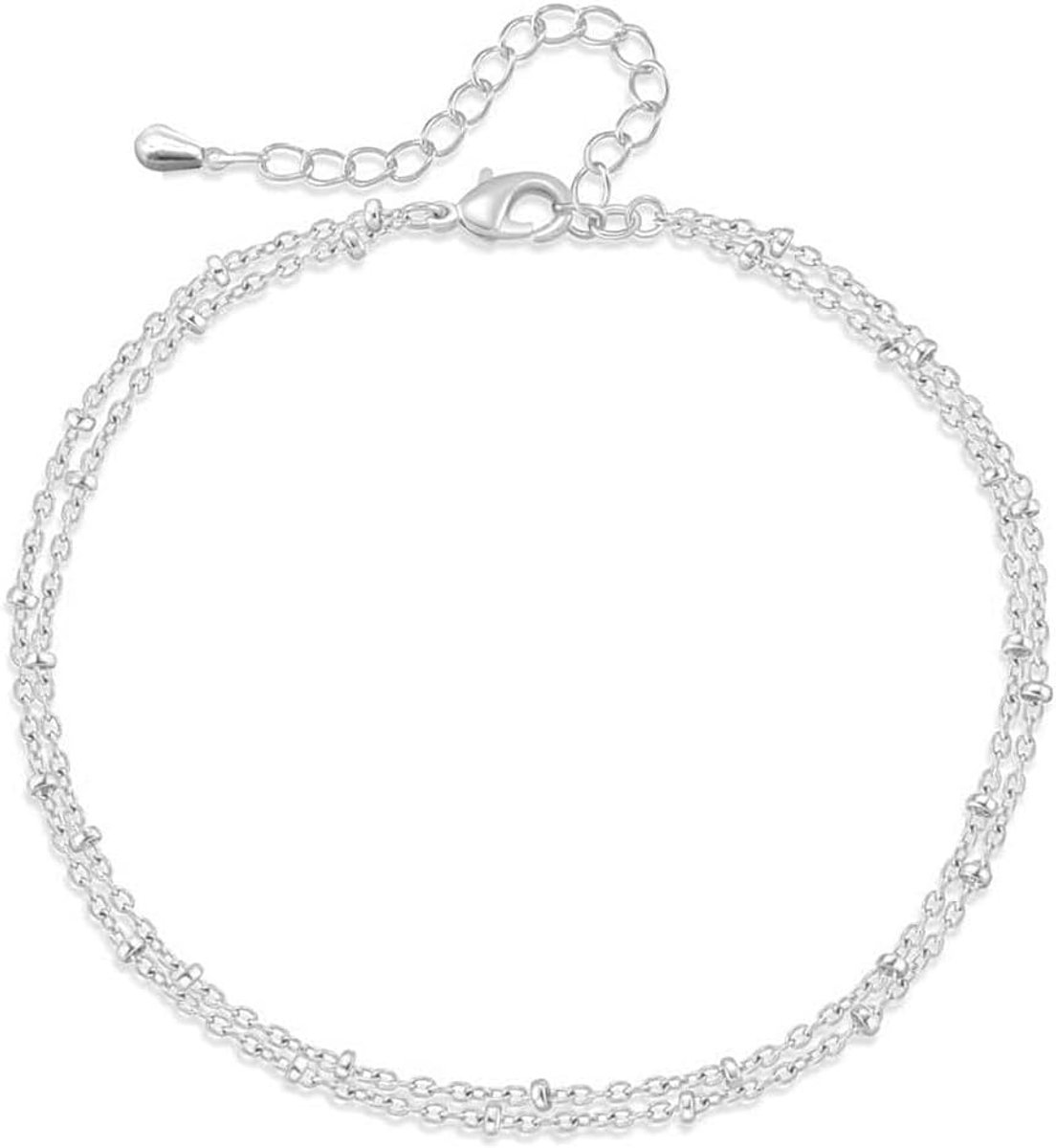 Enkelbandset voor dames, elegant, waterdicht, tweelaags enkelbandje, glanzend verzilverd 925 sterling zilver, ideaal - ShopVlot