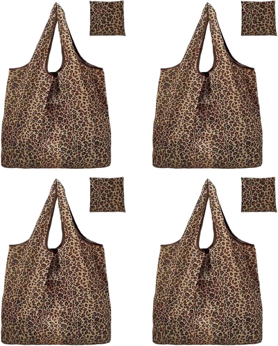 Opbergtassen set van 4 - Leoprint - Vouwbaar - Herbruikbaar voor dagelijkse aankopen - ShopVlot