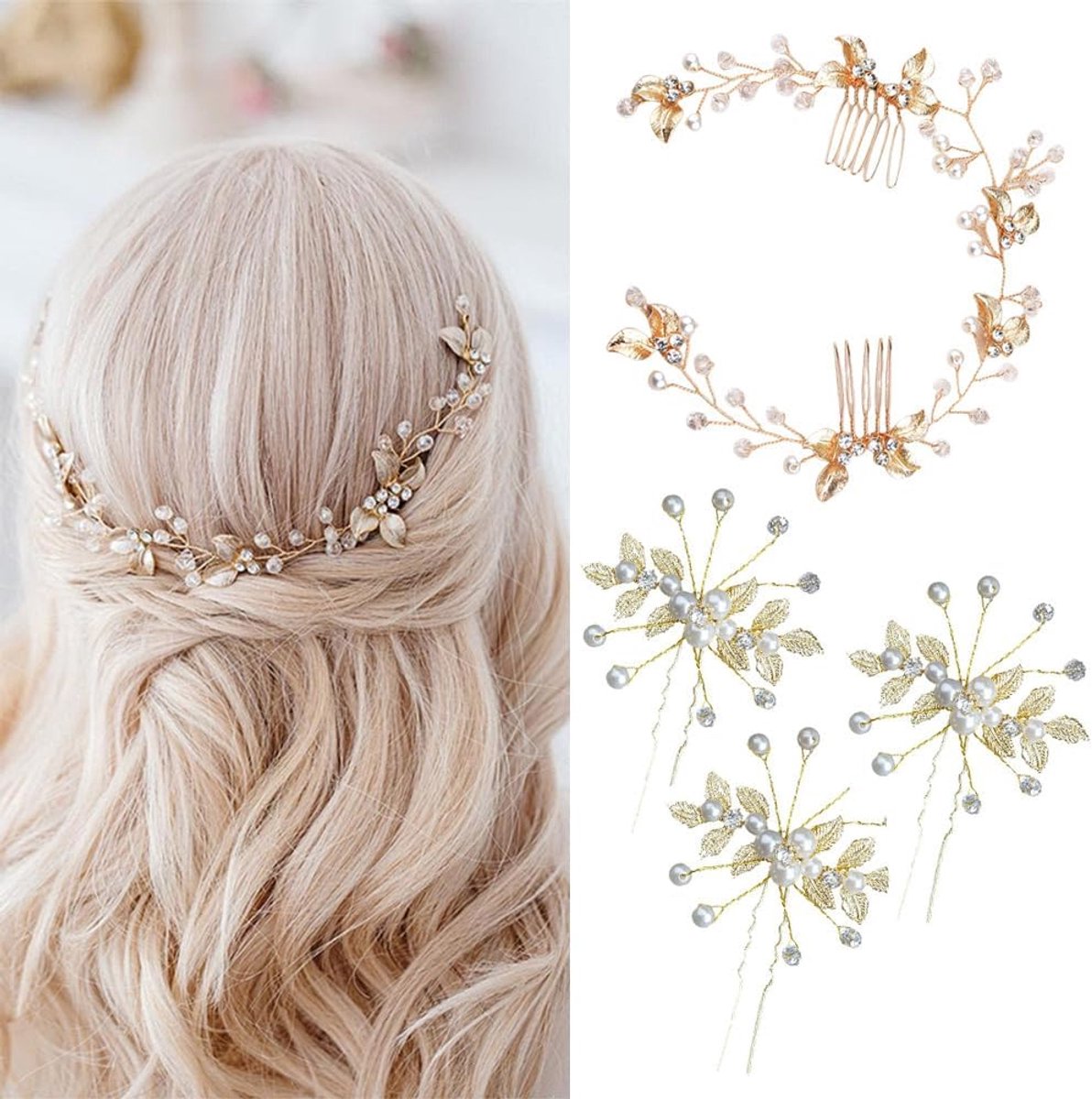 Haaraccessoires bruid - 4 stuks met parels en strass - goud - stijlvolle haarversiering voor bruiloft - ShopVlot