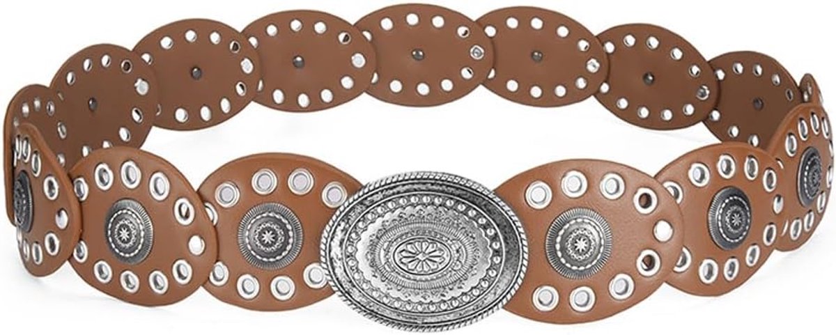 Leren dames vintage riem - brede verstelbare disc - met metalen studs - perfecte cowboy stijl - ShopVlot