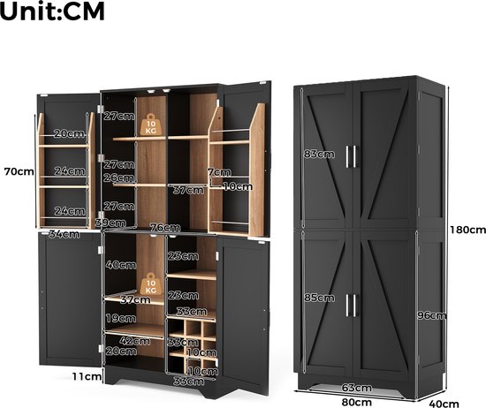 Afmetingen van een zwarte keukenkast met open deuren, met houten planken.