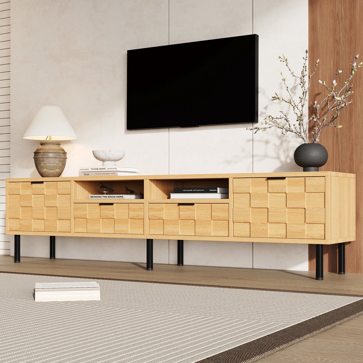 DESMIU TV Meubel - 2 Lades En 2 Openslaande Deuren - Voor Woonkamer En Slaapkamer - MDF En Spaanplaat - 200 X 35 X 44,5 Cm - Naturel