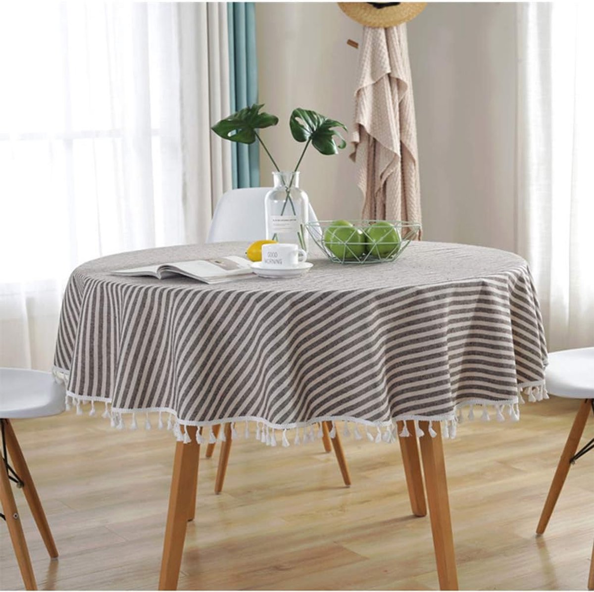 Tafellaken rond 100 cm - gestreept bruin/wit - franjes - elegant voor binnen en buiten - ShopVlot