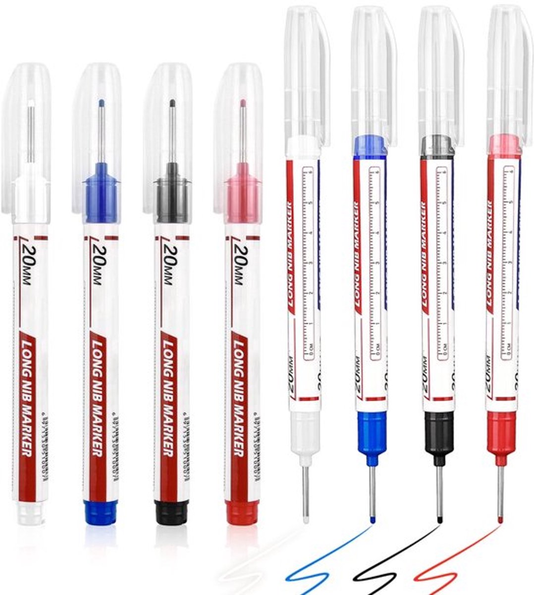 8 stuks diepe gatmarkers, 20 mm boorgatmarkers, extra lange punt voor precisie, diepgatmarkers Edding, waterdichte boorgatmarkers voor hout, metaal, karton, bouwprojecten (zwart, blauw, rood, wit)