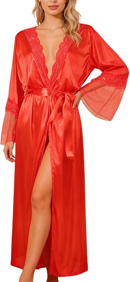 Dames sexy kanten kimono robe - lange mouwen - transparant diep V-hals - perfect voor spa of thuis - ShopVlot
