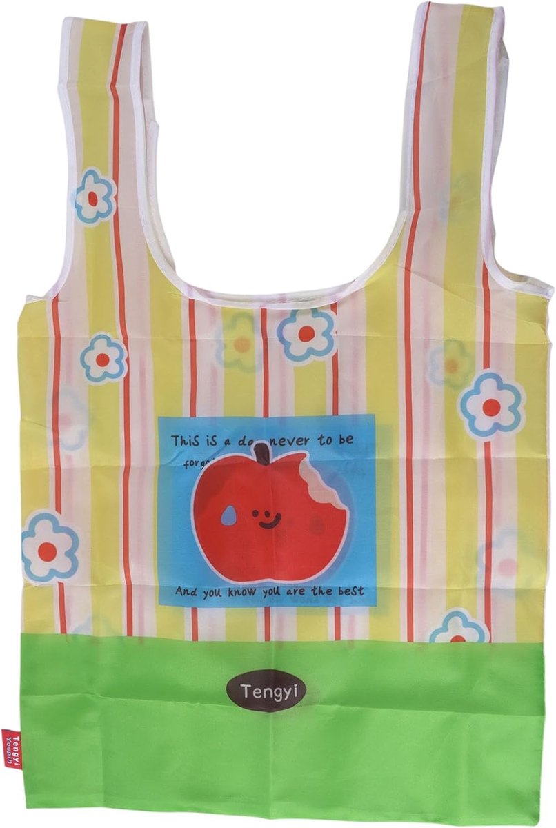 Opvouwbare boodschappentas 37 x 56,5 cm - cartoon appeldesign - geel gestreept met groen - ideaal voor boodschappen - ShopVlot