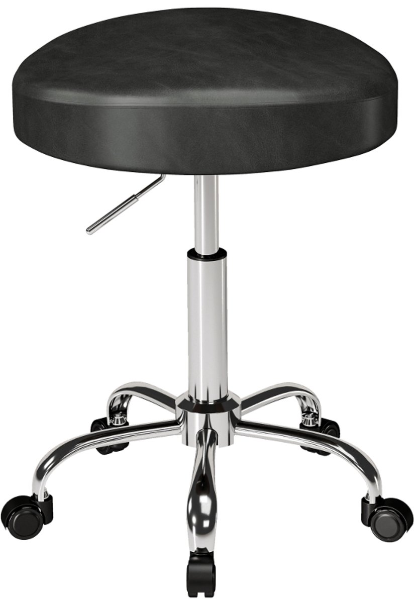 Rollhocker 39x34,5x67,5 cm - Hoogverstelbare Kruk Met 9 cm Zitkussen En 360° Draaibaar - PU Leder Zwart