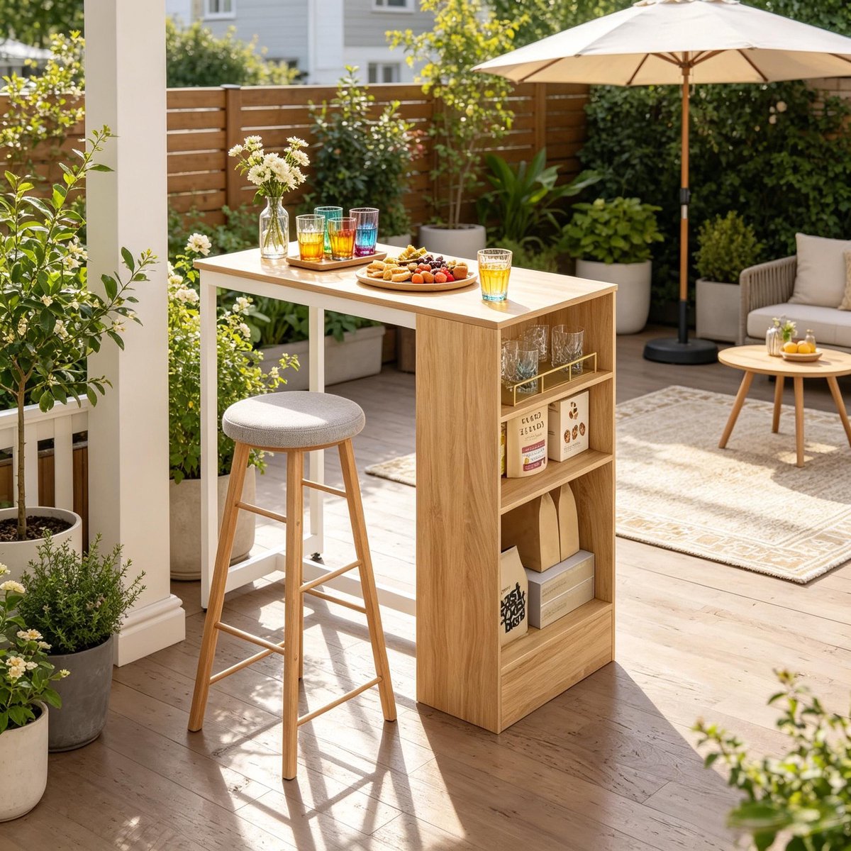 Bar Tafel 91x49x91 cm - Metalen Frame Met Houten Legplanken En Wijnrek - Wit Licht Eiken