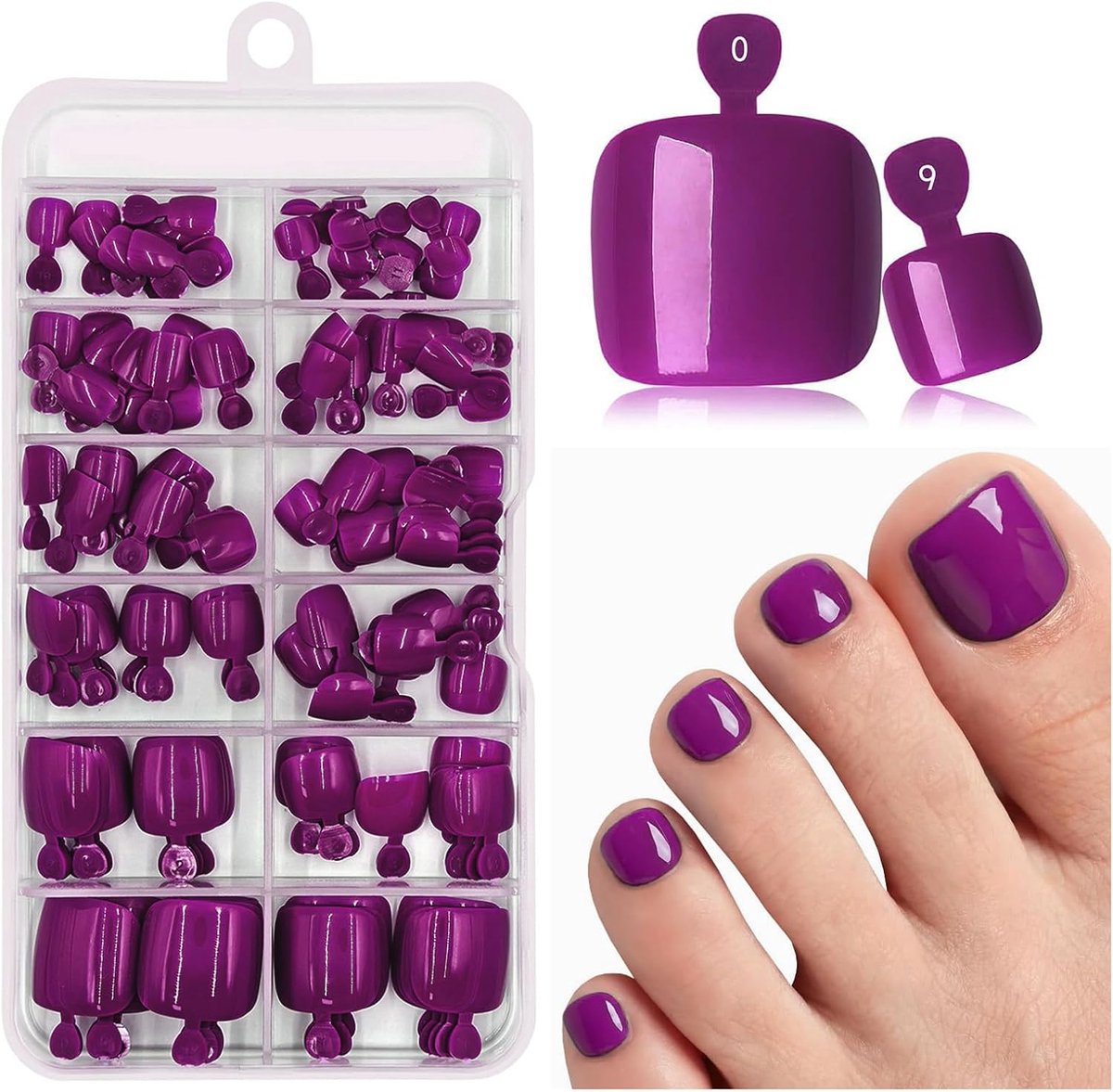Plaknagels voor voeten 120 stuks - korte vierkante kunstteennagels - paars - complete DIY pedicure set - ShopVlot