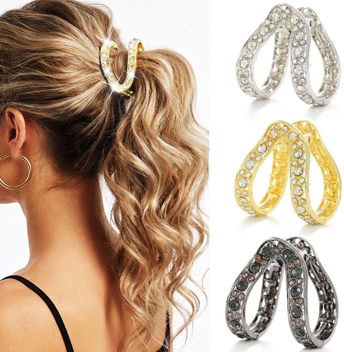 Haarclips 4.2cm - Gouden met strass - Fancy design - Voor een perfecte ponytail - ShopVlot