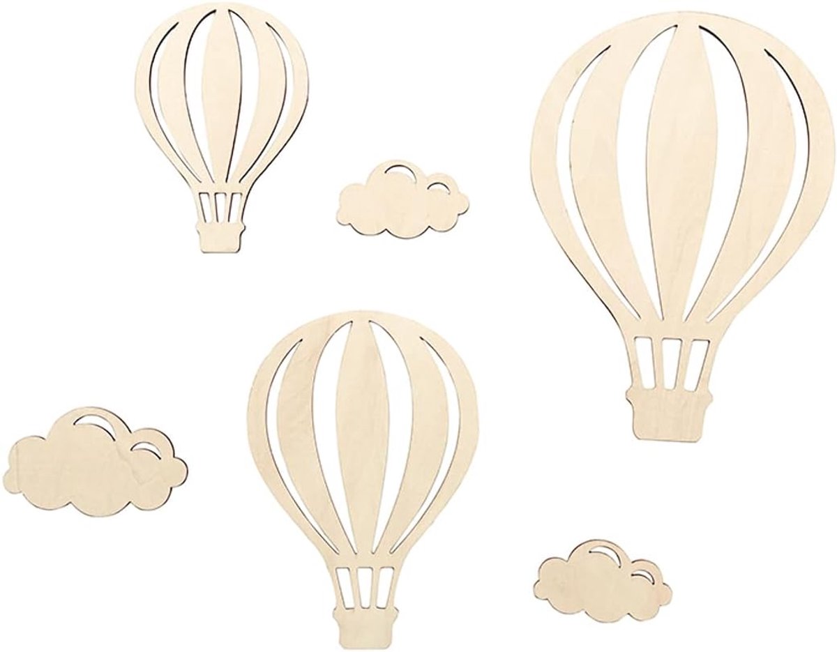 Houten muurdecoratie luchtballon - set van 5 - natuurlijk materiaal - perfect voor kinderkamer - ShopVlot