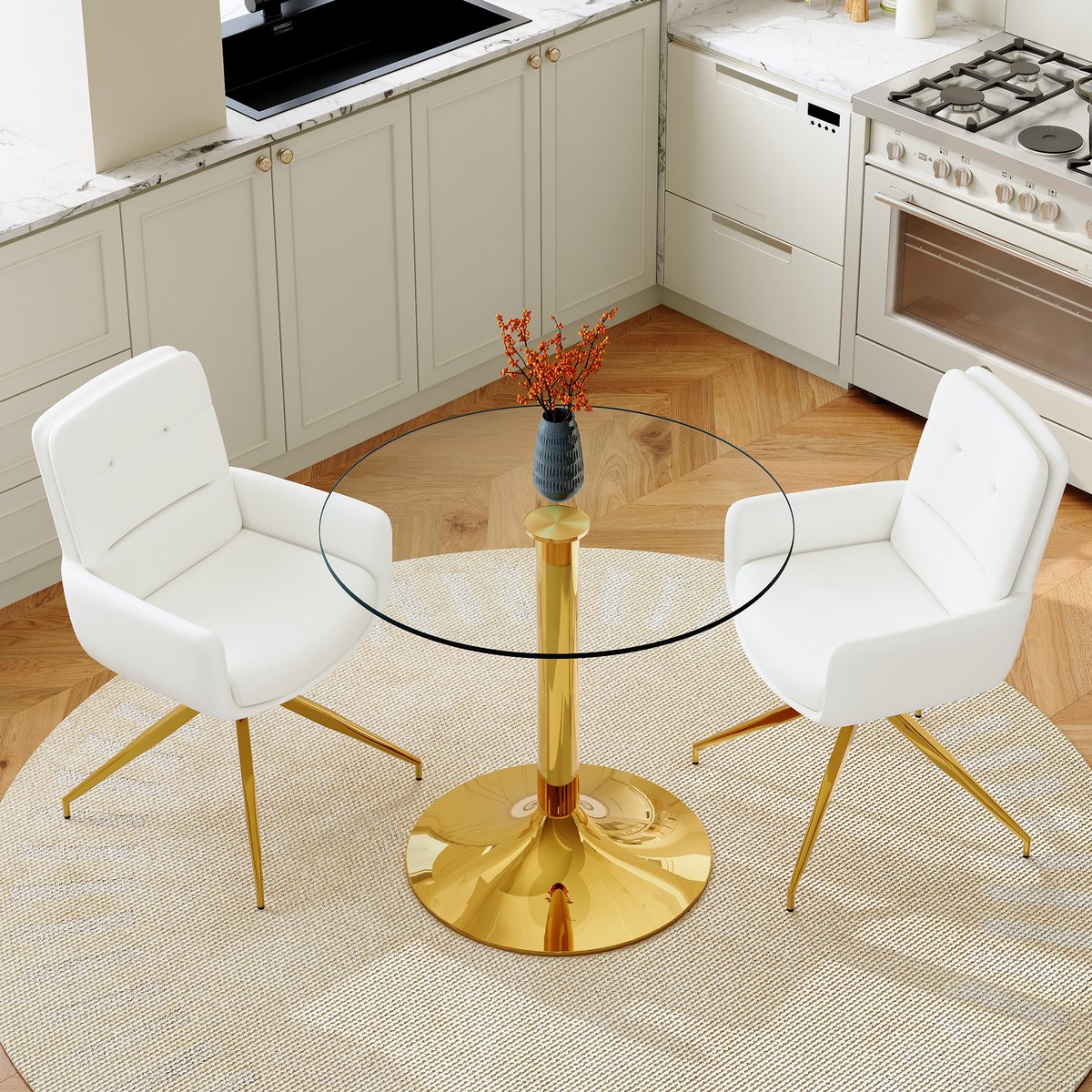 COVREO Eettafel set 85 cm, transparant glas, metaal, 2 draaistoelen